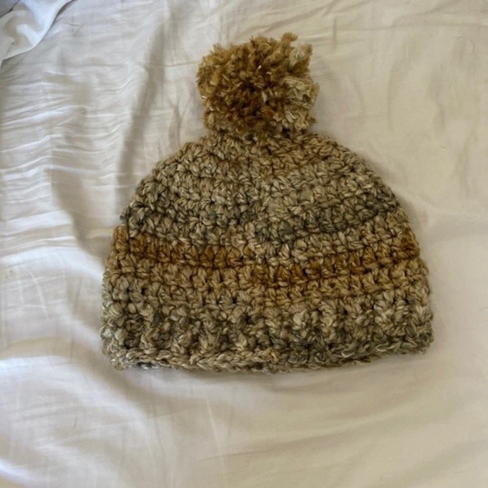 Crochet Handmade Beanie Ski Hat Tan Carmel With Hints of Sagebrush Colors